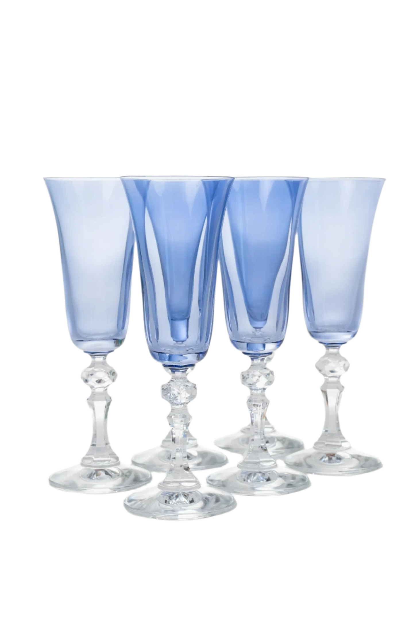 Set of 6 cobalt blue Regal Flutes with clear stems, hand-blown by artisans in Poland. Each flute stands 8 inches tall and holds 5 ounces. Lead, cadmium, and BPA-free for safe use. Limited edition.