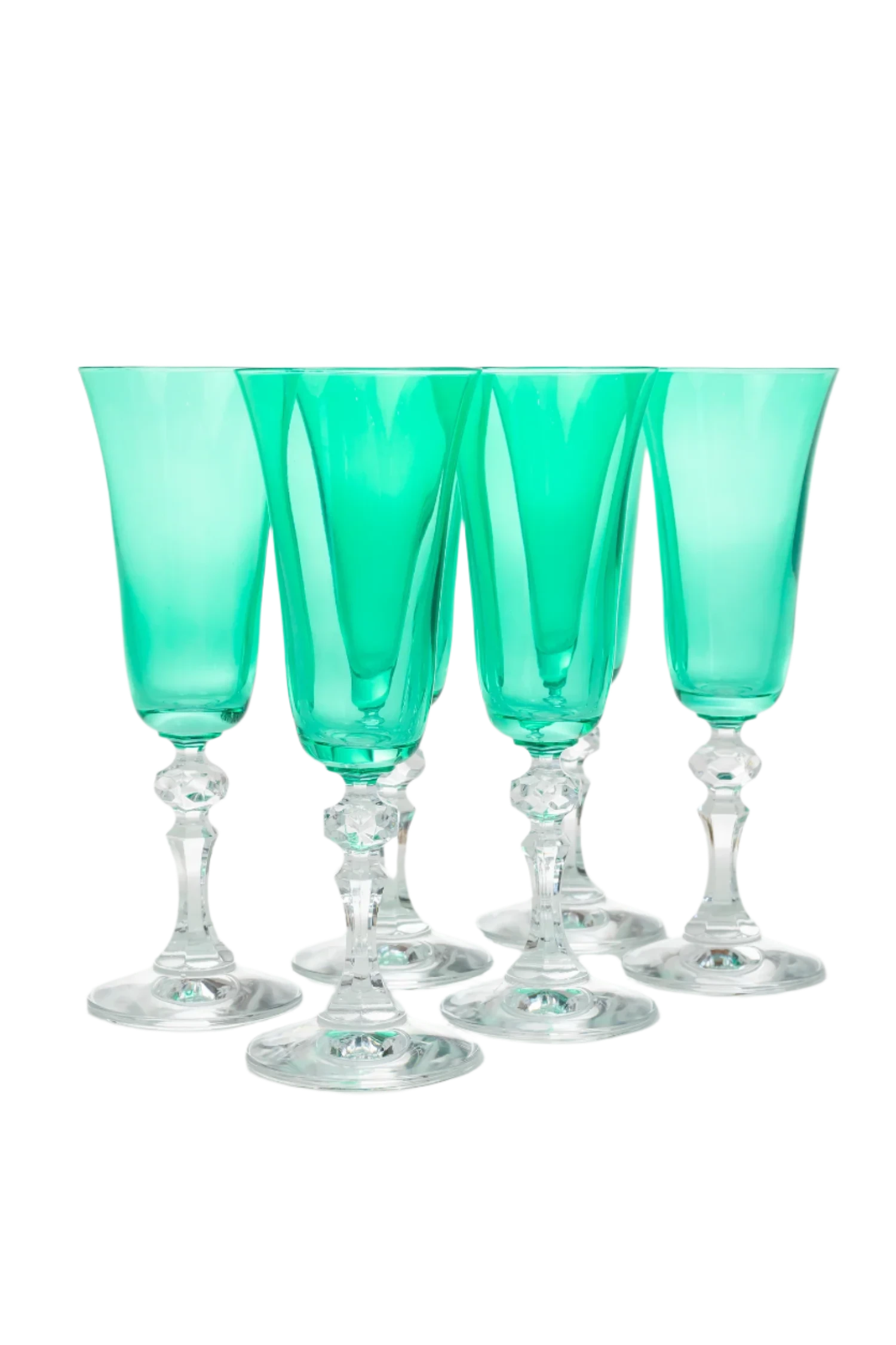 Set of 6 kelly green Regal Flutes with clear stems, hand-blown by artisans in Poland. Each flute stands 8 inches tall and holds 5 ounces. Lead, cadmium, and BPA-free for safe use. Limited edition.