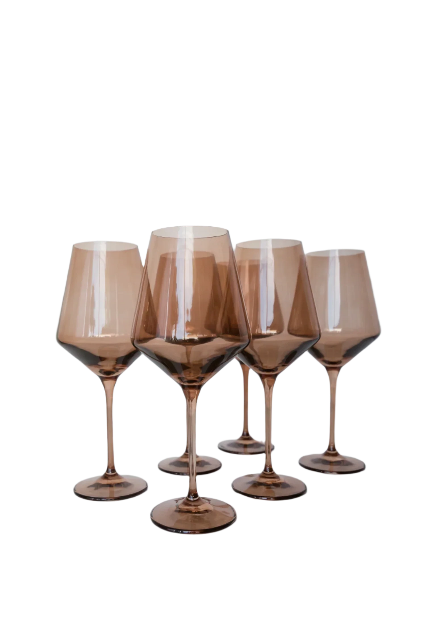 Amber smoke-colored wine stemware, hand-blown by Polish artisans. Each glass is 9.5 inches tall, holds 16.5 ounces, and comes in a set of 6. Lead, cadmium, and BPA-free for safe use.