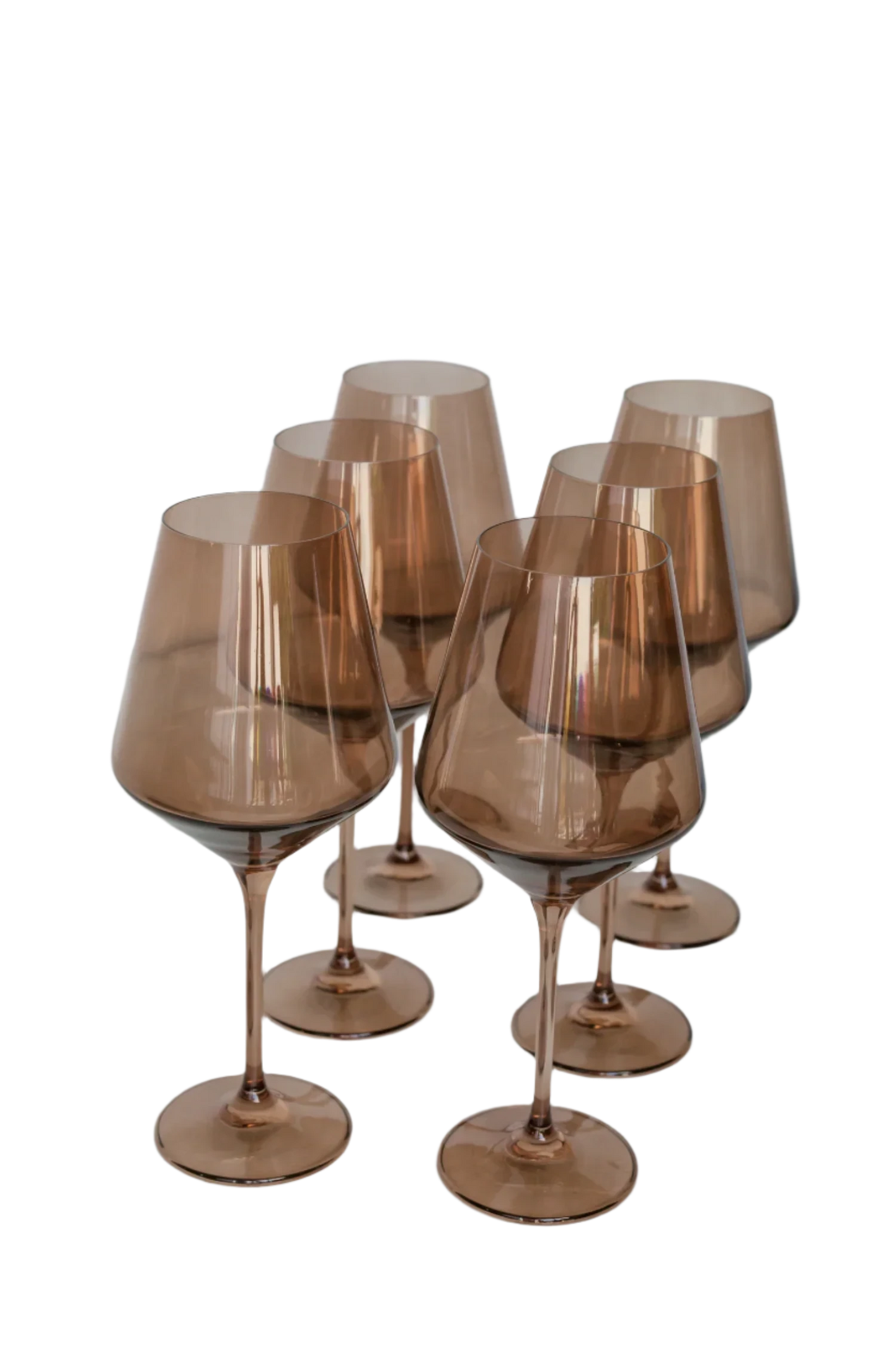 Amber smoke-colored wine stemware, hand-blown by Polish artisans. Each glass is 9.5 inches tall, holds 16.5 ounces, and comes in a set of 6. Lead, cadmium, and BPA-free for safe use.