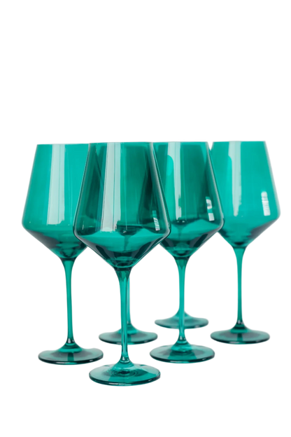 Emerald Green colored wine stemware, hand-blown by Polish artisans. Each glass is 9.5 inches tall, holds 16.5 ounces, and comes in a set of 6. Lead, cadmium, and BPA-free for safe use.