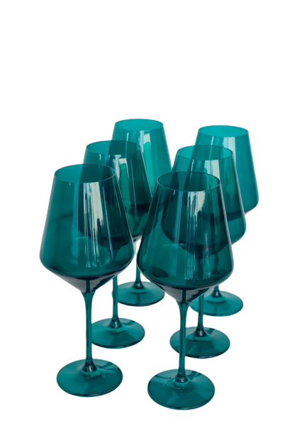 Emerald Green colored wine stemware, hand-blown by Polish artisans. Each glass is 9.5 inches tall, holds 16.5 ounces, and comes in a set of 6. Lead, cadmium, and BPA-free for safe use.