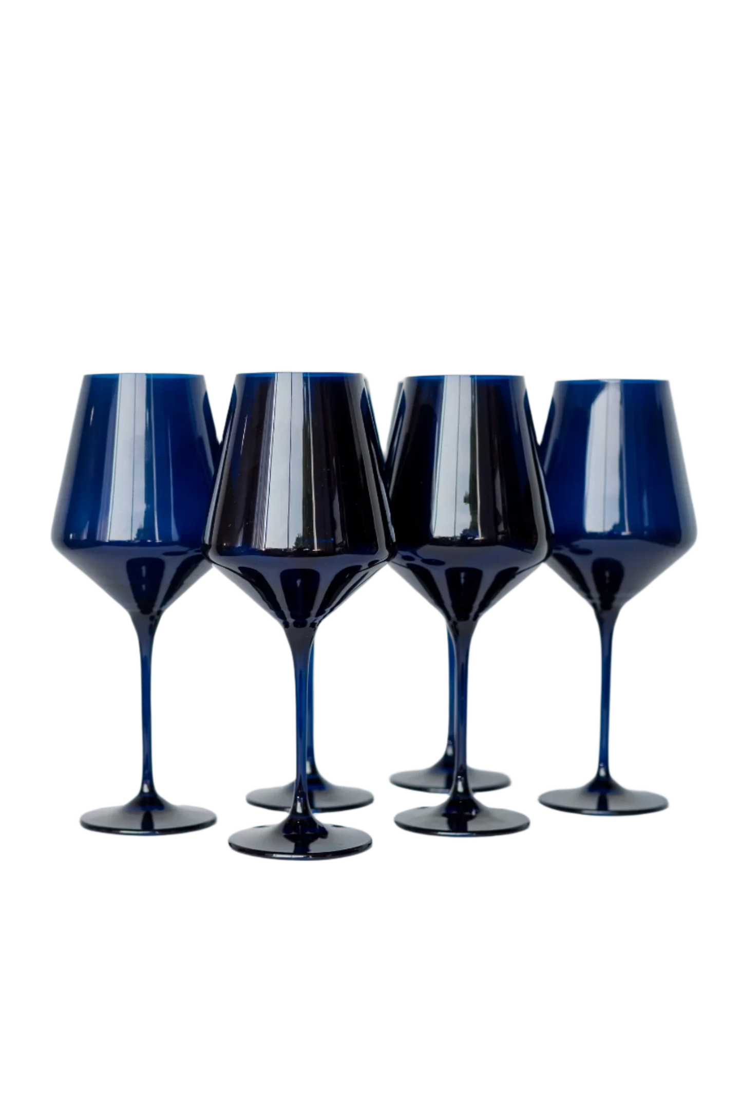 midnight blue colored wine stemware, hand-blown by Polish artisans. Each glass is 9.5 inches tall, holds 16.5 ounces, and comes in a set of 6. Lead, cadmium, and BPA-free for safe use.