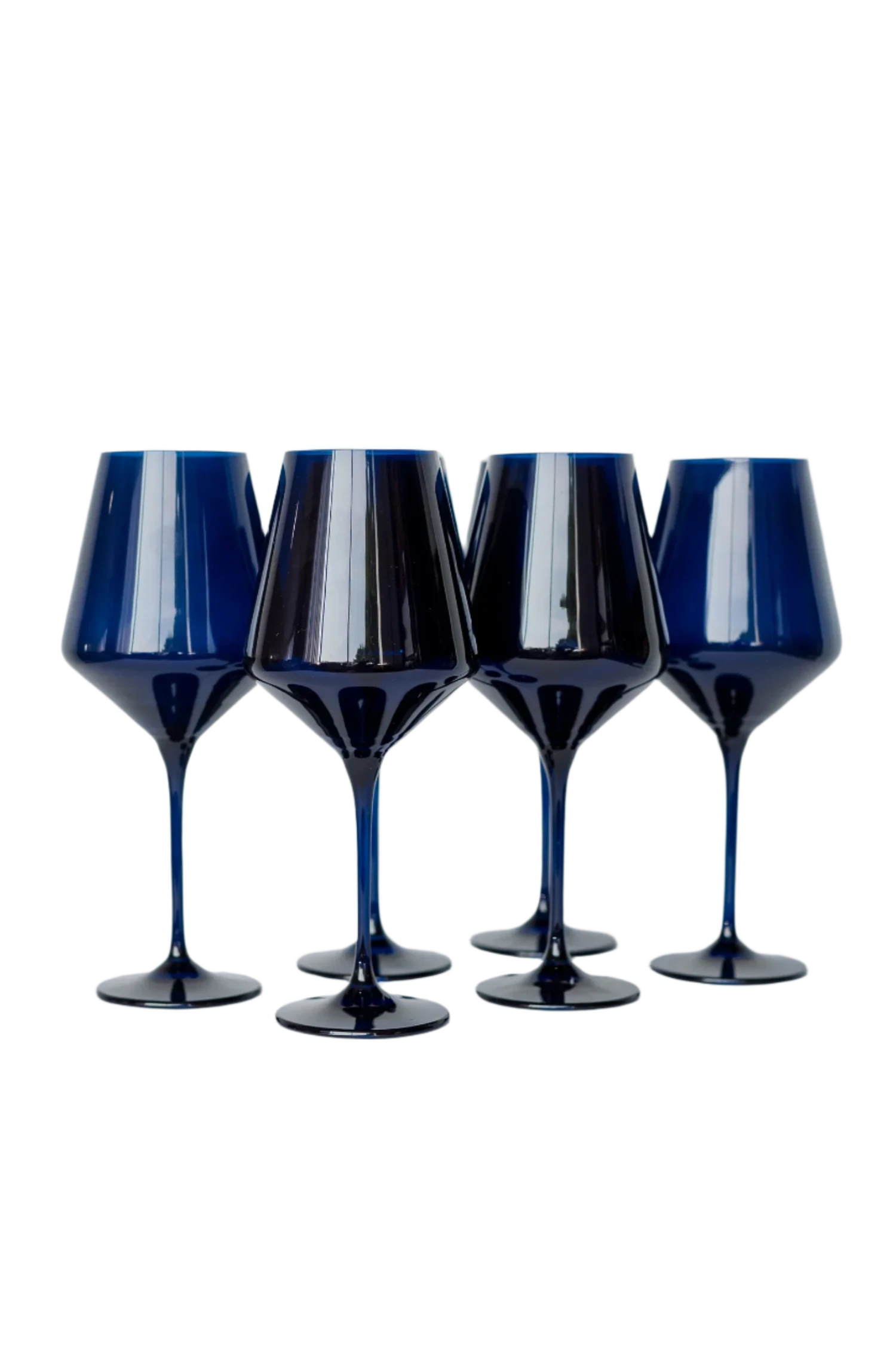 midnight blue colored wine stemware, hand-blown by Polish artisans. Each glass is 9.5 inches tall, holds 16.5 ounces, and comes in a set of 6. Lead, cadmium, and BPA-free for safe use.