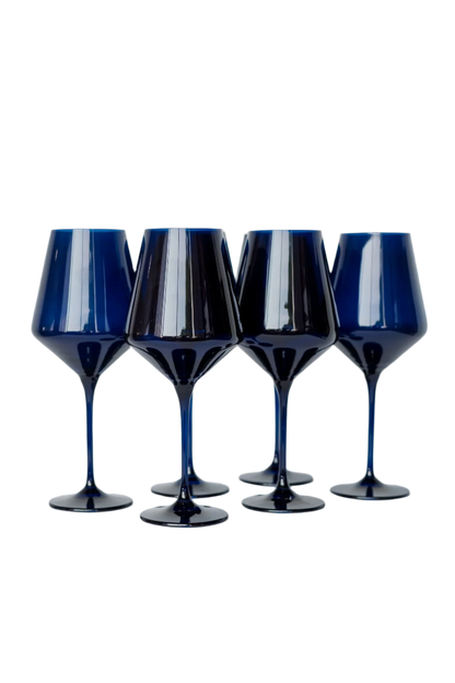 midnight blue colored wine stemware, hand-blown by Polish artisans. Each glass is 9.5 inches tall, holds 16.5 ounces, and comes in a set of 6. Lead, cadmium, and BPA-free for safe use.