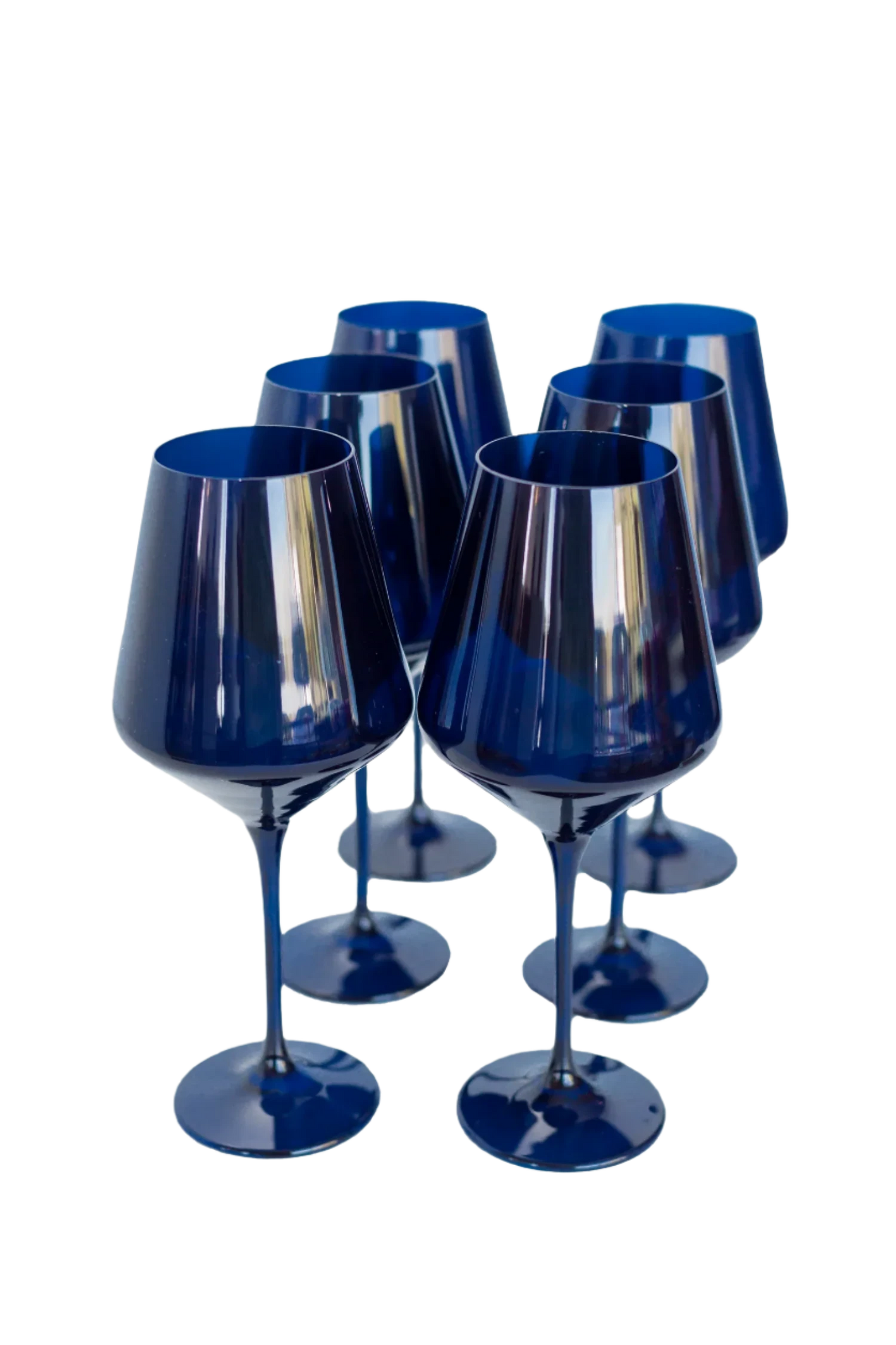 midnight blue colored wine stemware, hand-blown by Polish artisans. Each glass is 9.5 inches tall, holds 16.5 ounces, and comes in a set of 6. Lead, cadmium, and BPA-free for safe use.