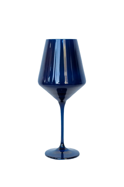 midnight blue colored wine stemware, hand-blown by Polish artisans. Each glass is 9.5 inches tall, holds 16.5 ounces, and comes in a set of 6. Lead, cadmium, and BPA-free for safe use.