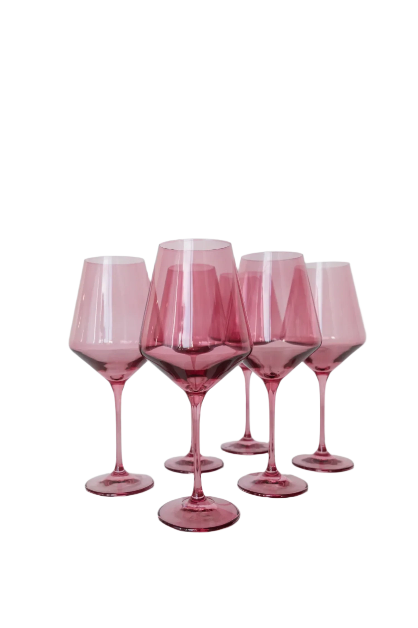 Rose colored wine stemware, hand-blown by Polish artisans. Each glass is 9.5 inches tall, holds 16.5 ounces, and comes in a set of 6. Lead, cadmium, and BPA-free for safe use.