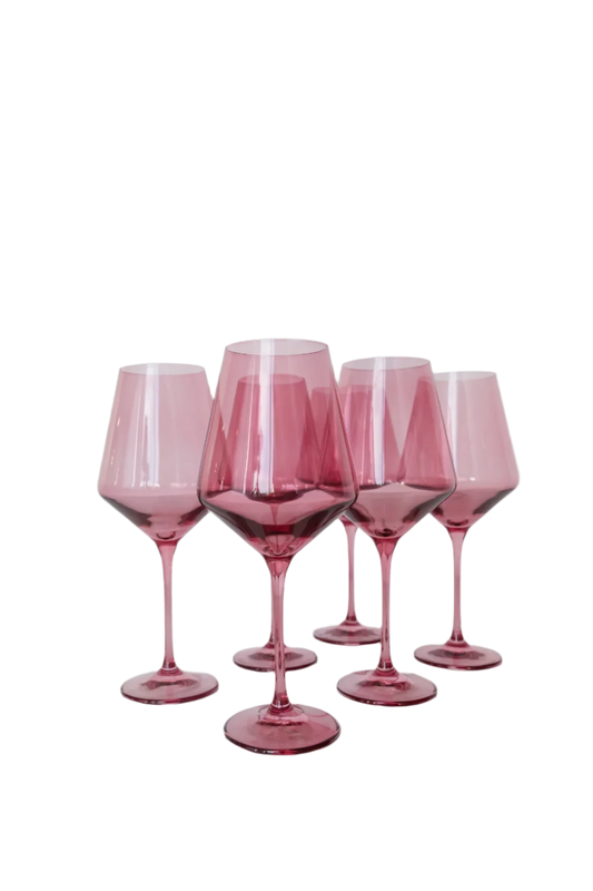 Rose colored wine stemware, hand-blown by Polish artisans. Each glass is 9.5 inches tall, holds 16.5 ounces, and comes in a set of 6. Lead, cadmium, and BPA-free for safe use.