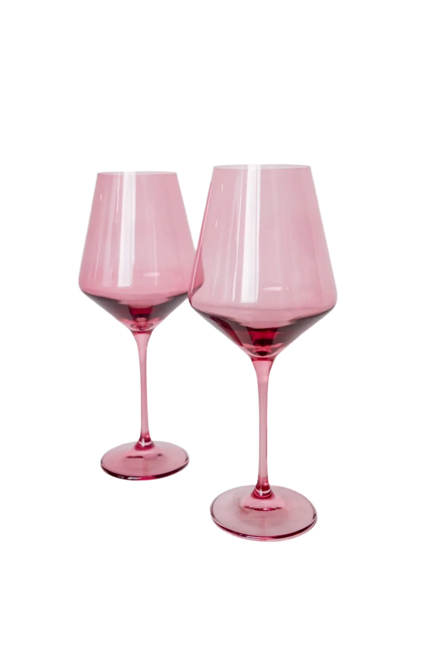 rose colored wine stemware, hand-blown by Polish artisans. Each glass is 9.5 inches tall, holds 16.5 ounces, and comes in a set of 6. Lead, cadmium, and BPA-free for safe use.