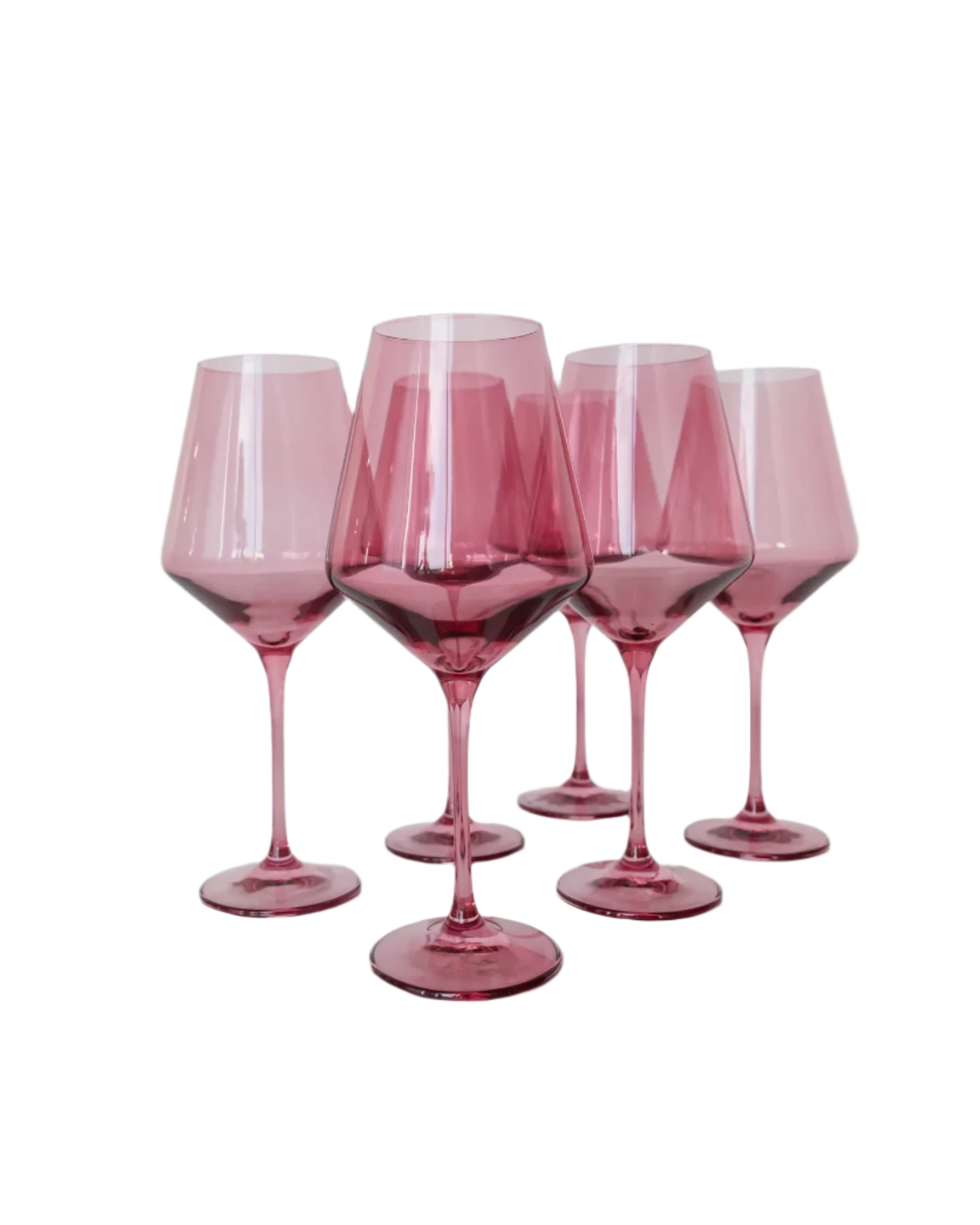 Rose colored wine stemware, hand-blown by Polish artisans. Each glass is 9.5 inches tall, holds 16.5 ounces, and comes in a set of 6. Lead, cadmium, and BPA-free for safe use.