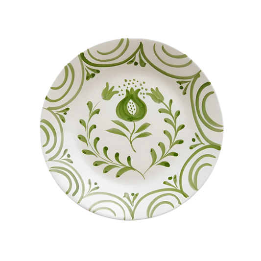 Set of 2 Crest Green Salad Plates with a hand-painted pomegranate crest design and graceful green vine patterns. Crafted from 100% ceramic, these plates are microwave and dishwasher safe. Each plate measures 8.25" in diameter. Made in Portugal.