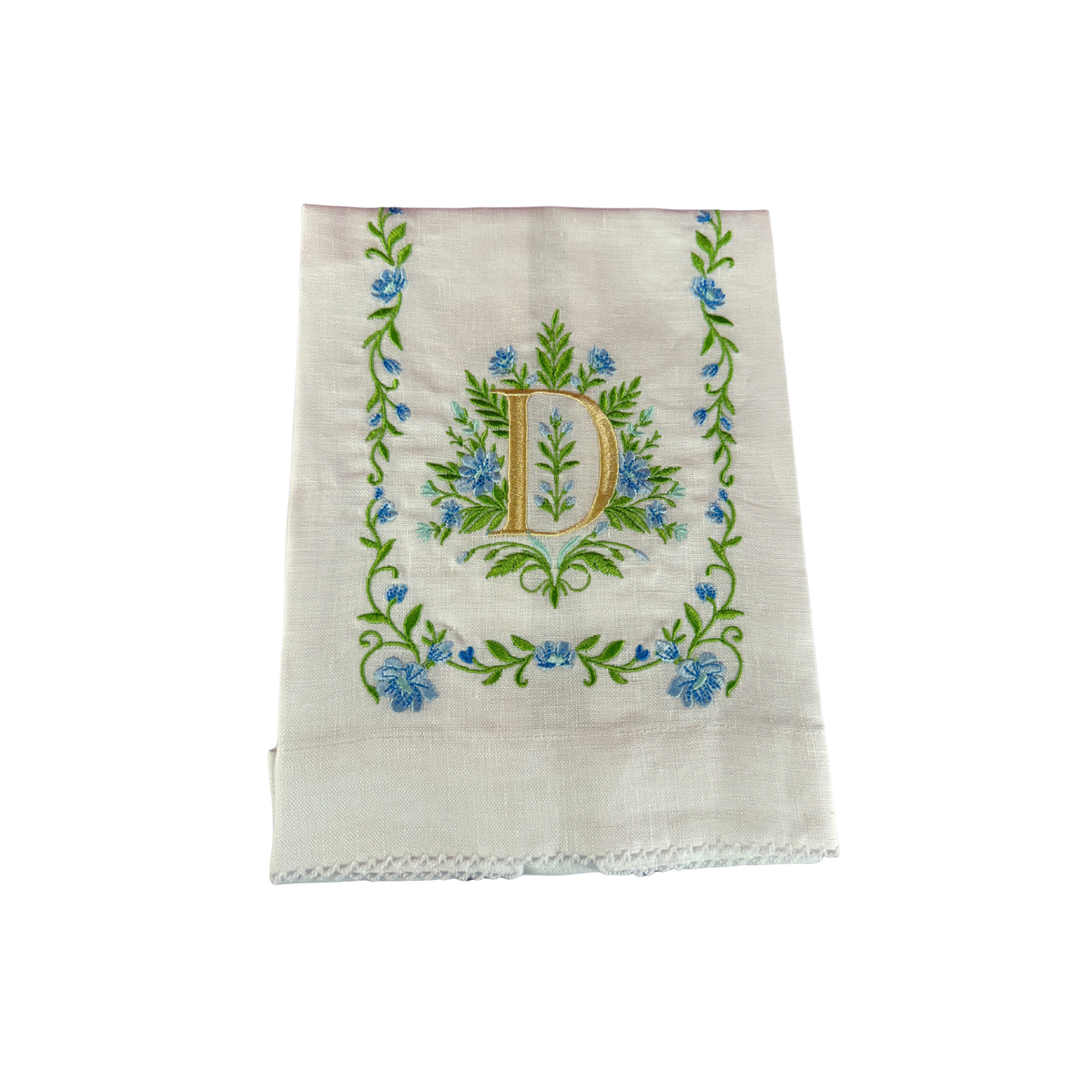 Floral Embroidered Monogram Linen Towel - Blue