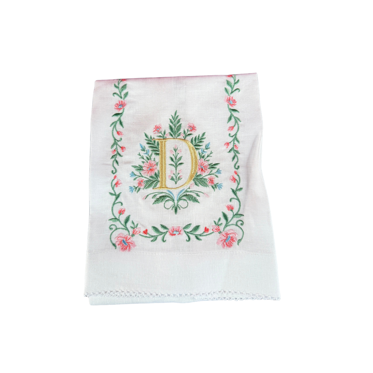 Floral Embroidered Monogram Linen Towel - Pink