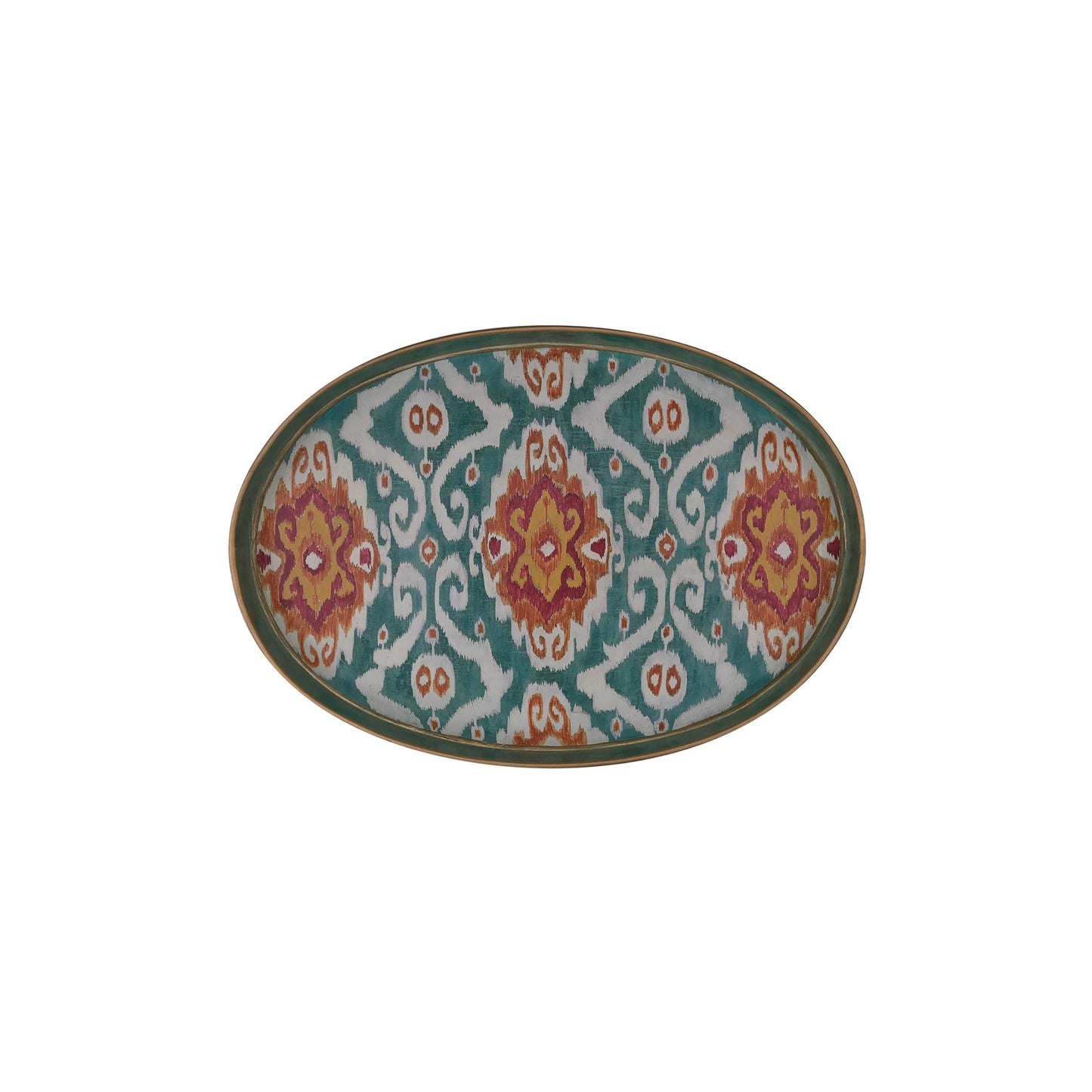 Decorative Hand Painted Iron Tray (Blue / White Ikat) 19 X 15 Oval