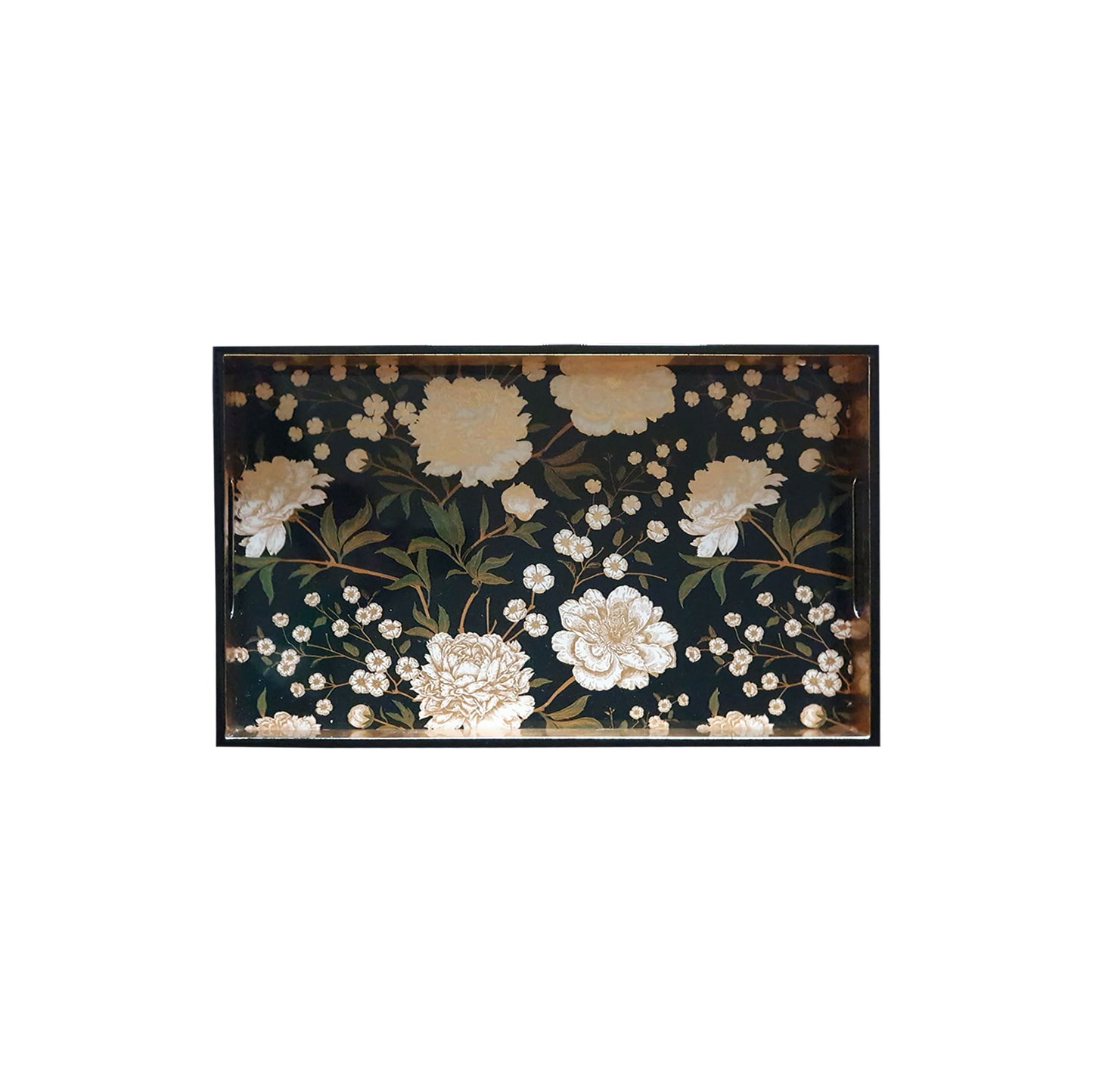 Decorative Lacquered Wood Trays (Black and White Floral) 16 X 10 inches