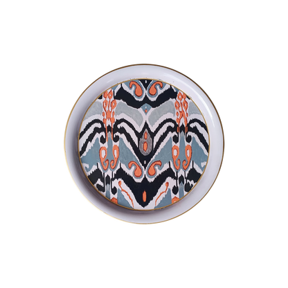 Decorative Hand Painted Iron Tray (White and Black Ikat) 13 inch Round