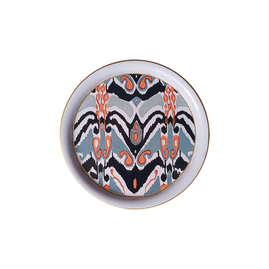 Decorative Hand Painted Iron Tray (White and Black Ikat) 13 inch Round