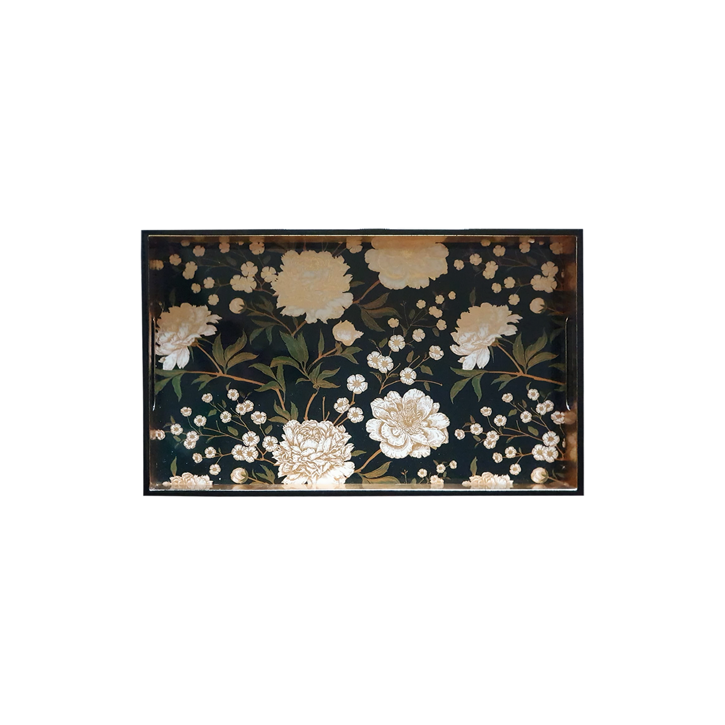 Decorative Lacquered Wood Trays (Black and White Floral) 16 X 10 inches