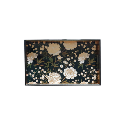 Decorative Lacquered Wood Trays (Black and White Floral) 16 X 10 inches