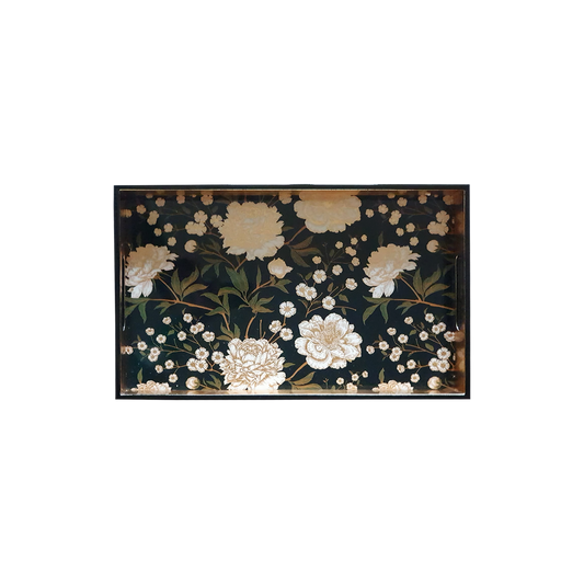 Decorative Lacquered Wood Trays (Black and White Floral) 16 X 10 inches