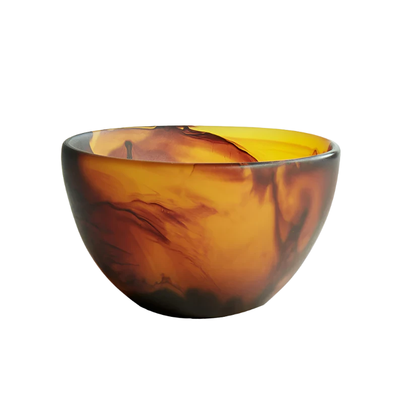 Hand-crafted Tortoise Swirl bowl, 6.3 x 4.33 inches, BPA-free, lead-free, non-porous, FDA-approved, and shatter-resistant. Features a unique swirl pattern with slight variations in color.