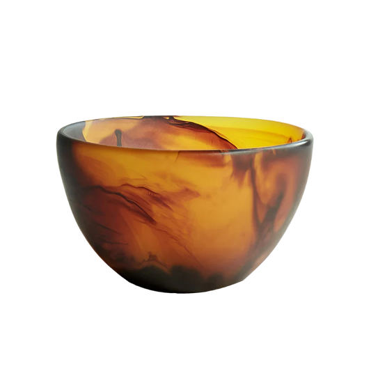 Hand-crafted Tortoise Swirl bowl, 6.3 x 4.33 inches, BPA-free, lead-free, non-porous, FDA-approved, and shatter-resistant. Features a unique swirl pattern with slight variations in color.