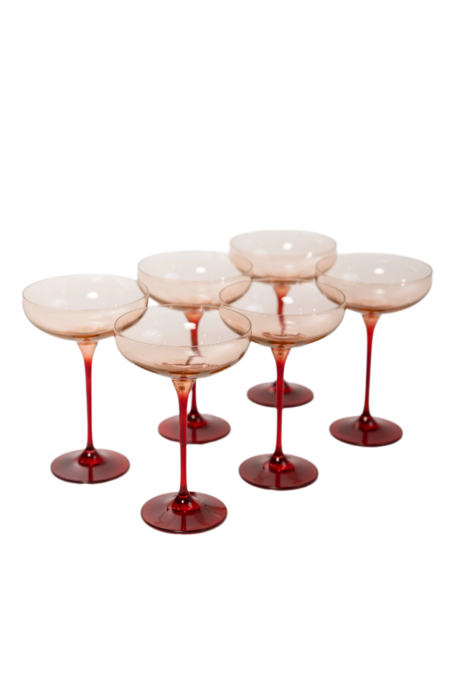 Blush Pink and Red Colored Champagne Coupe Set of 6, hand-blown by artisans in Poland. Lead, cadmium, and BPA-free glassware, 7.25 inches tall with an 8.25-ounce capacity. Limited edition.