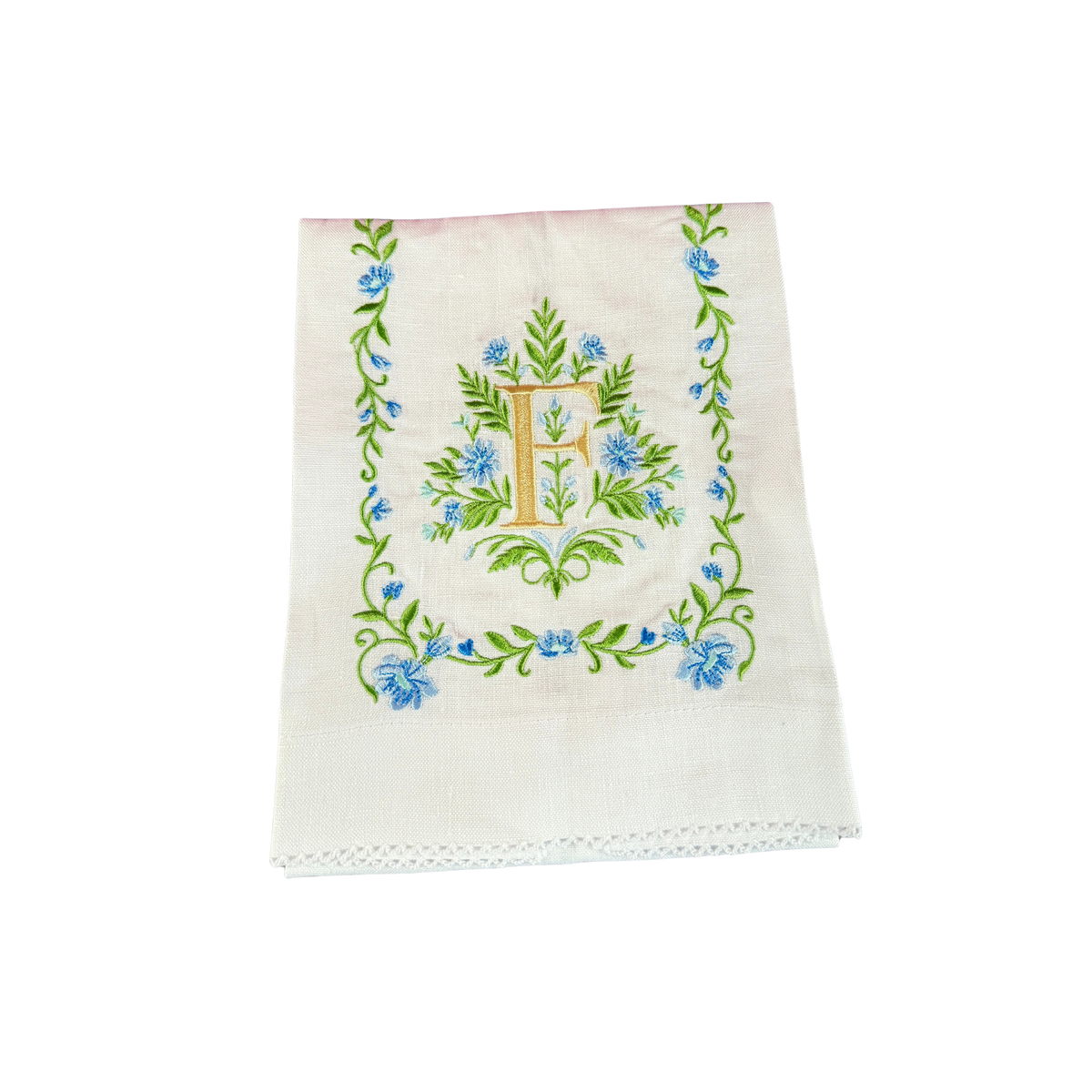 Floral Embroidered Monogram Linen Towel - Blue
