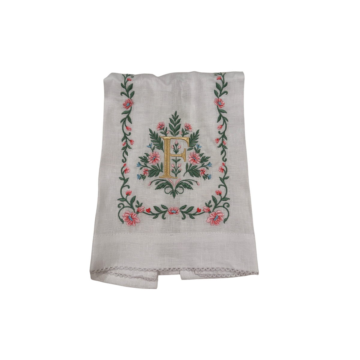 Floral Embroidered Monogram Linen Towel - Pink