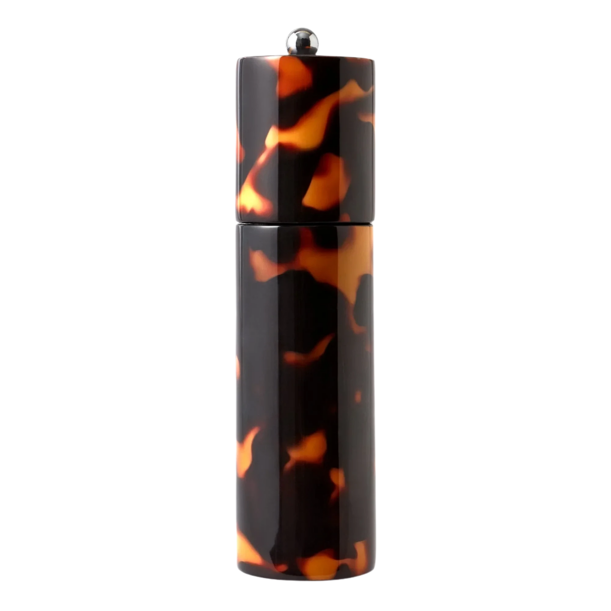 Faux tortoise shell lacquered round column mill with stainless steel screw knobs for salt or pepper grinding, crafted from FSC-certified rubber wood and featuring a ceramic grinding mechanism.