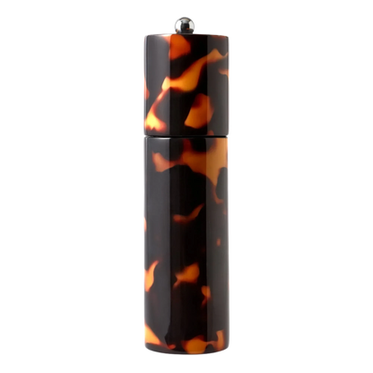 Faux tortoise shell lacquered round column mill with stainless steel screw knobs for salt or pepper grinding, crafted from FSC-certified rubber wood and featuring a ceramic grinding mechanism.