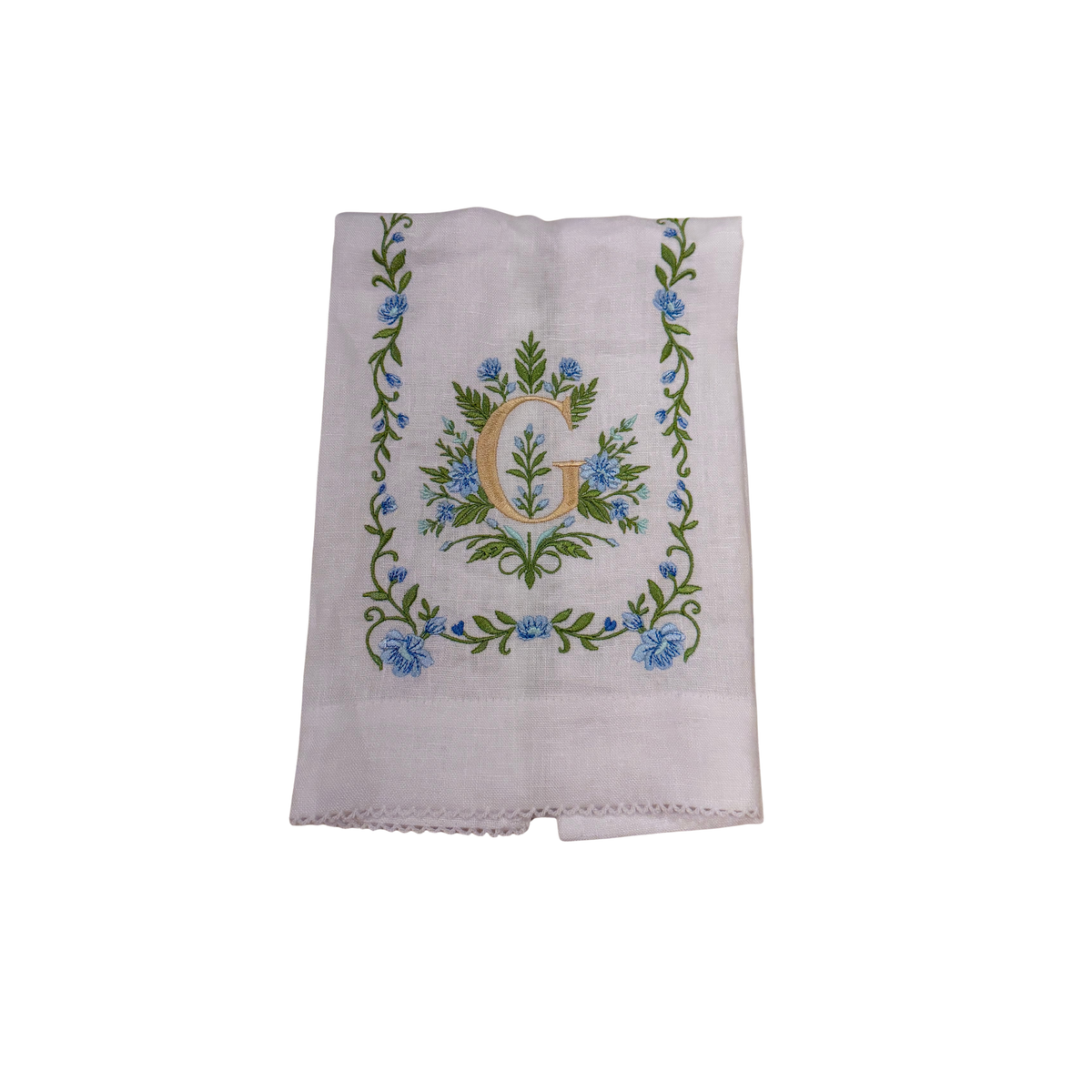 Floral Embroidered Monogram Linen Towel - Blue
