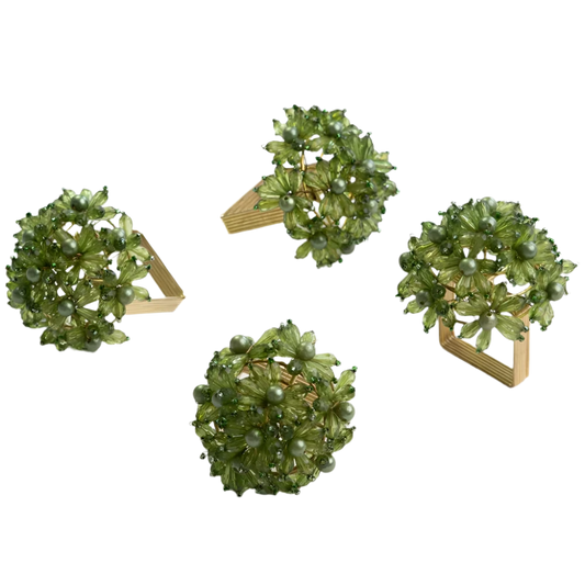 Set of 4 Green Bouquet Beaded Napkin Rings adorned with intricate green beads, perfect for adding a festive touch to your dining table. Made in India, these napkin rings are ideal for holiday gatherings and nature-inspired decor.