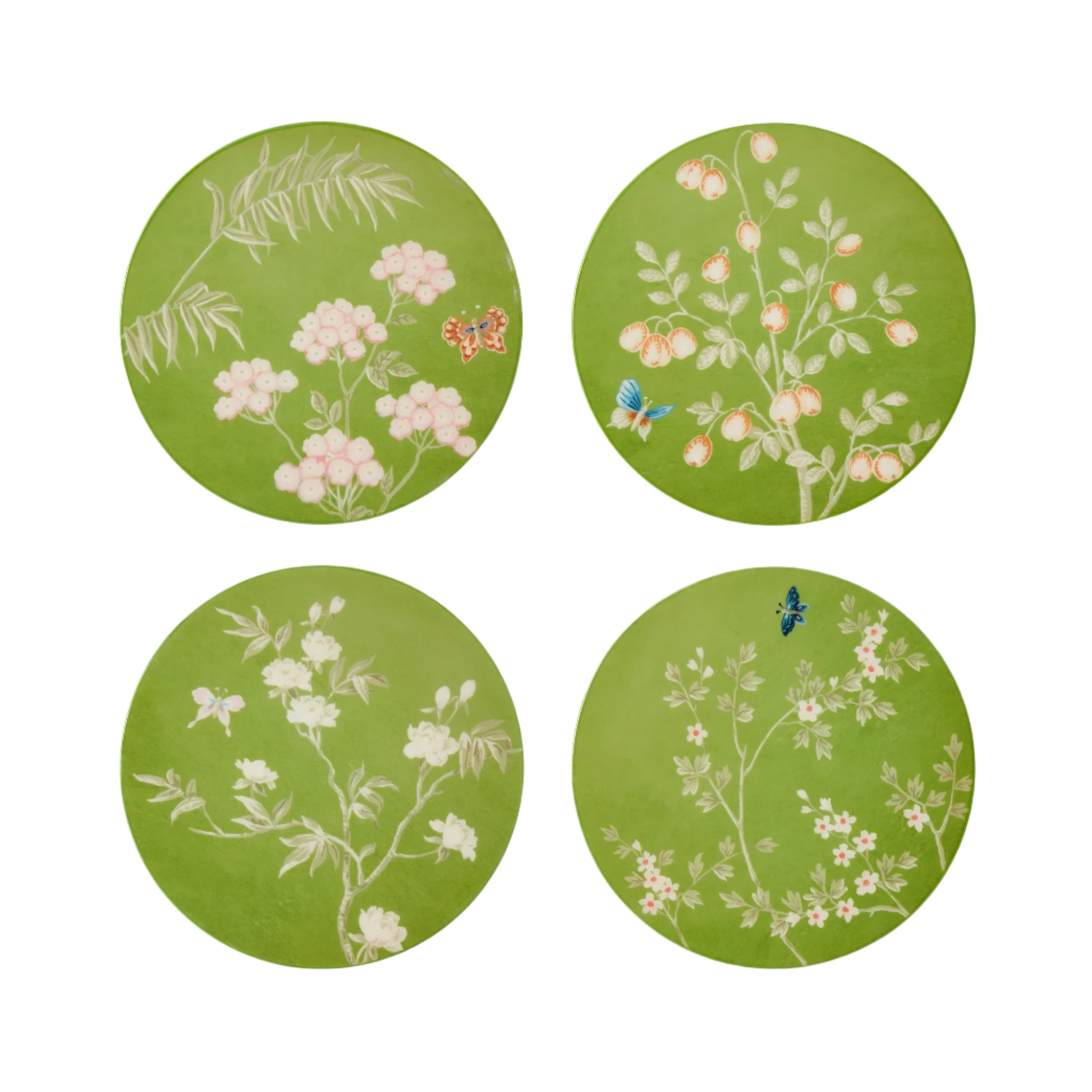 Set of 4 green Chinoiserie lacquered coasters, exclusively designed by Sarah David Ross, featuring a high-gloss finish with 20 hand-polished lacquer coats, measuring 12 x 12 cm.