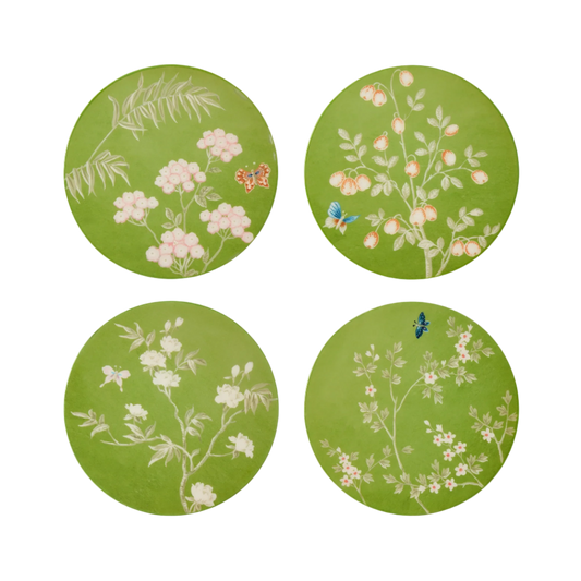 Set of 4 green Chinoiserie lacquered coasters, exclusively designed by Sarah David Ross, featuring a high-gloss finish with 20 hand-polished lacquer coats, measuring 12 x 12 cm.