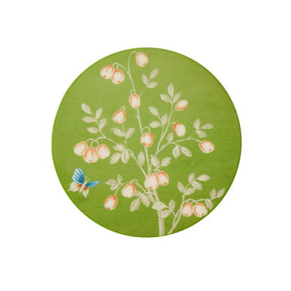 Set of 4 green Chinoiserie lacquered coasters, exclusively designed by Sarah David Ross, featuring a high-gloss finish with 20 hand-polished lacquer coats, measuring 12 x 12 cm.