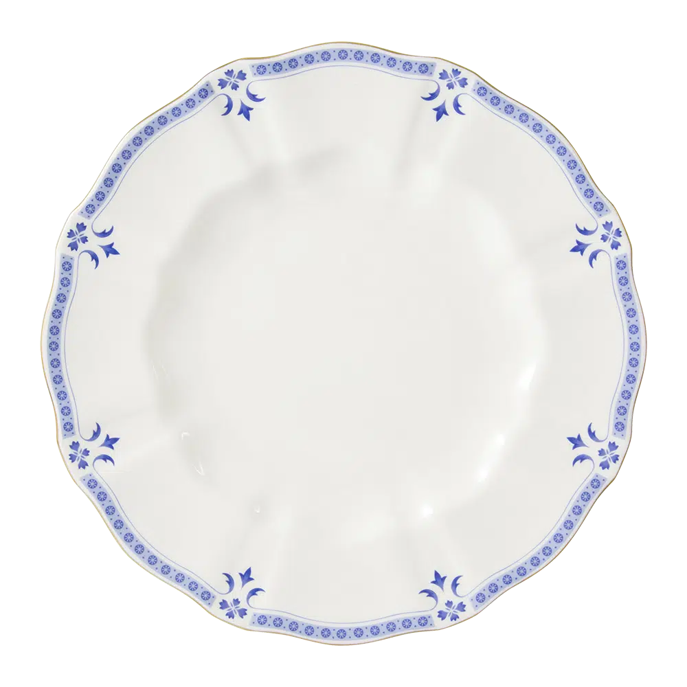 Grenville Dinner Plate, crafted in England from fine bone china and adorned with 22-carat gold accents. A sophisticated choice for any table setting. Dishwasher safe, handwashing recommended. Not microwave safe.