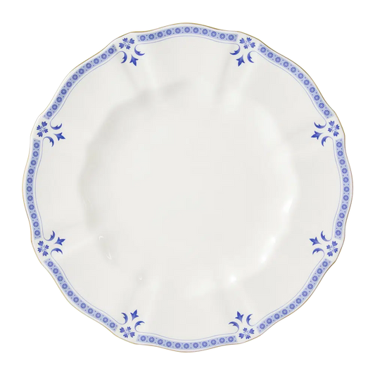 Grenville Dinner Plate, crafted in England from fine bone china and adorned with 22-carat gold accents. A sophisticated choice for any table setting. Dishwasher safe, handwashing recommended. Not microwave safe.