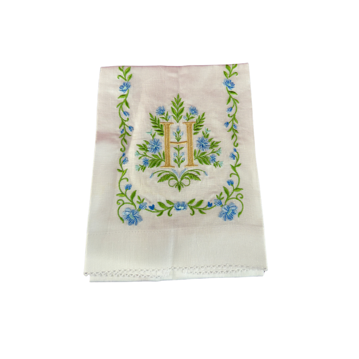 Floral Embroidered Monogram Linen Towel - Blue