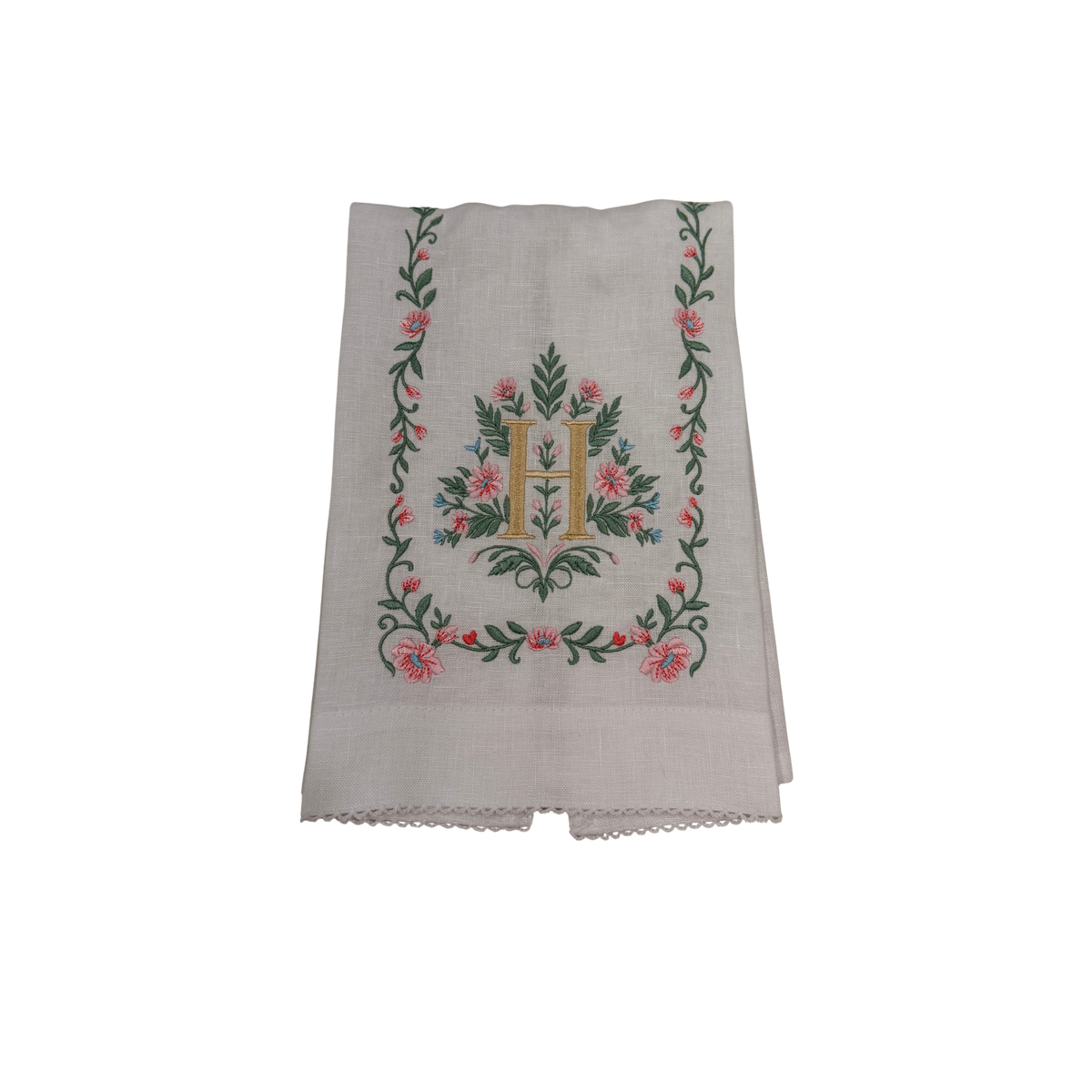Floral Embroidered Monogram Linen Towel - Pink