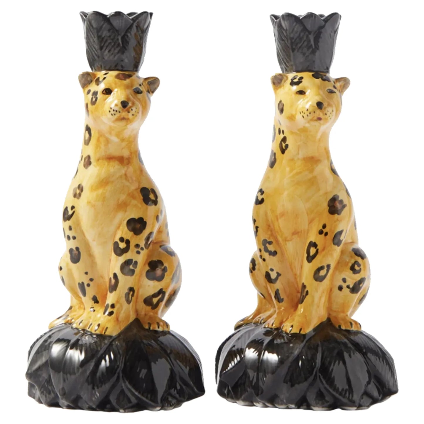 Handpainted Leopards Ceramic Candleholder - Set of 2