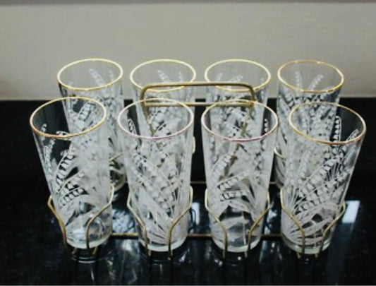 Vintage Lily of the Valley highball glasses with white floral design and gold-tone caddy – set of 8

