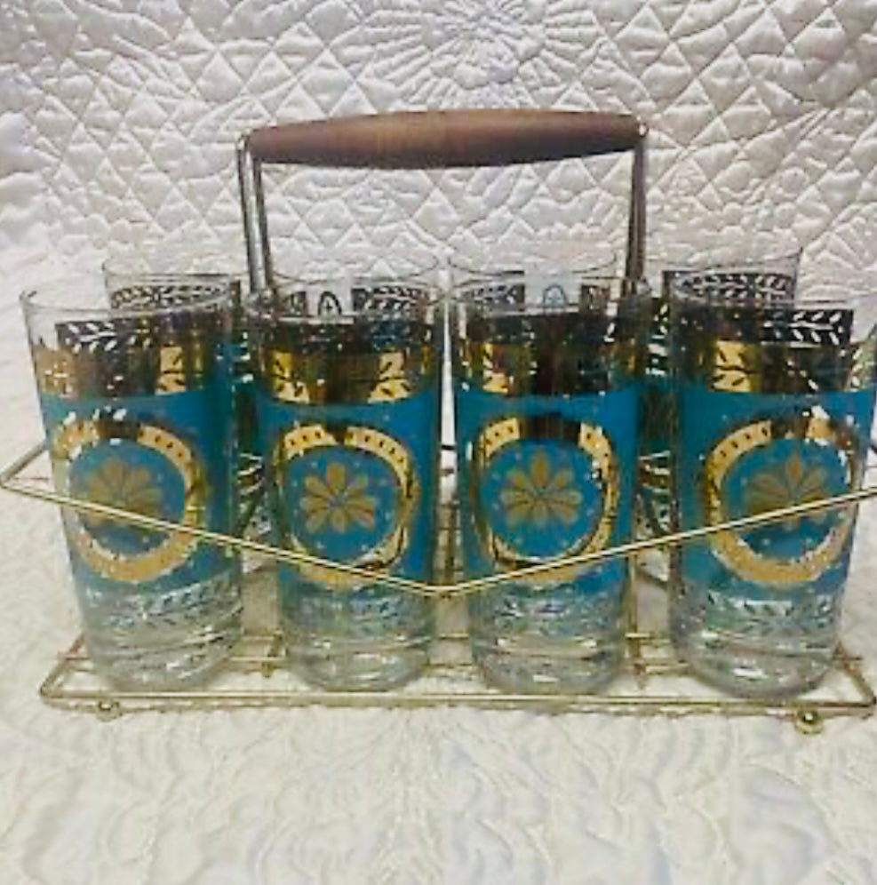 Set of 8 vintage turquoise and gold circle highball glasses with gold-tone caddy