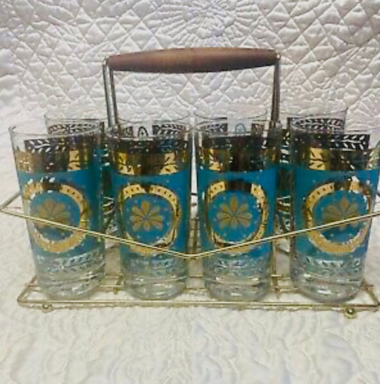 Set of 8 vintage turquoise and gold circle highball glasses with gold-tone caddy