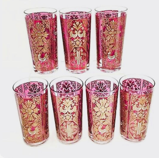 Set of 7 vintage highball glasses with pink, red, and gold floral design