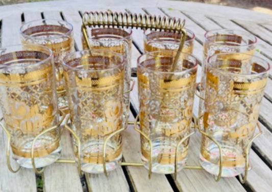 Set of 8 vintage highball glasses with all-over gold décor and coordinating gold caddy