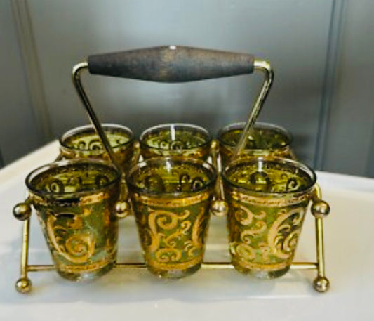 Set of 6 vintage green and gold cordial glasses with matching gold-tone caddy
