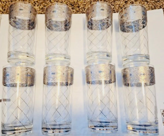Set of 8 vintage highball glasses with silver collar and turquoise jewel accents
