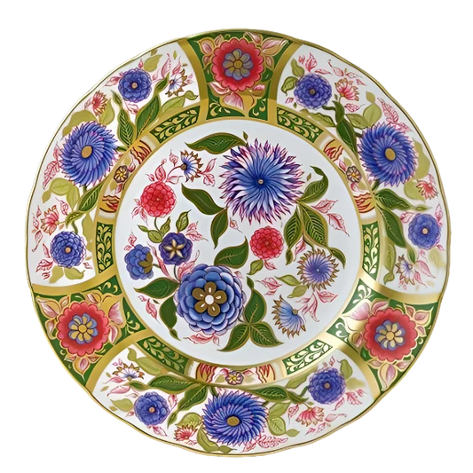 Royal Crown Derby Imari Accent Kyoto Garden Plate, crafted from fine bone china with 24k gold accents. Radiates in emerald green, blue, pink, and red, adding elegance to any dining setting. Dishwasher safe, not microwave safe. 8.6 inches in diameter.